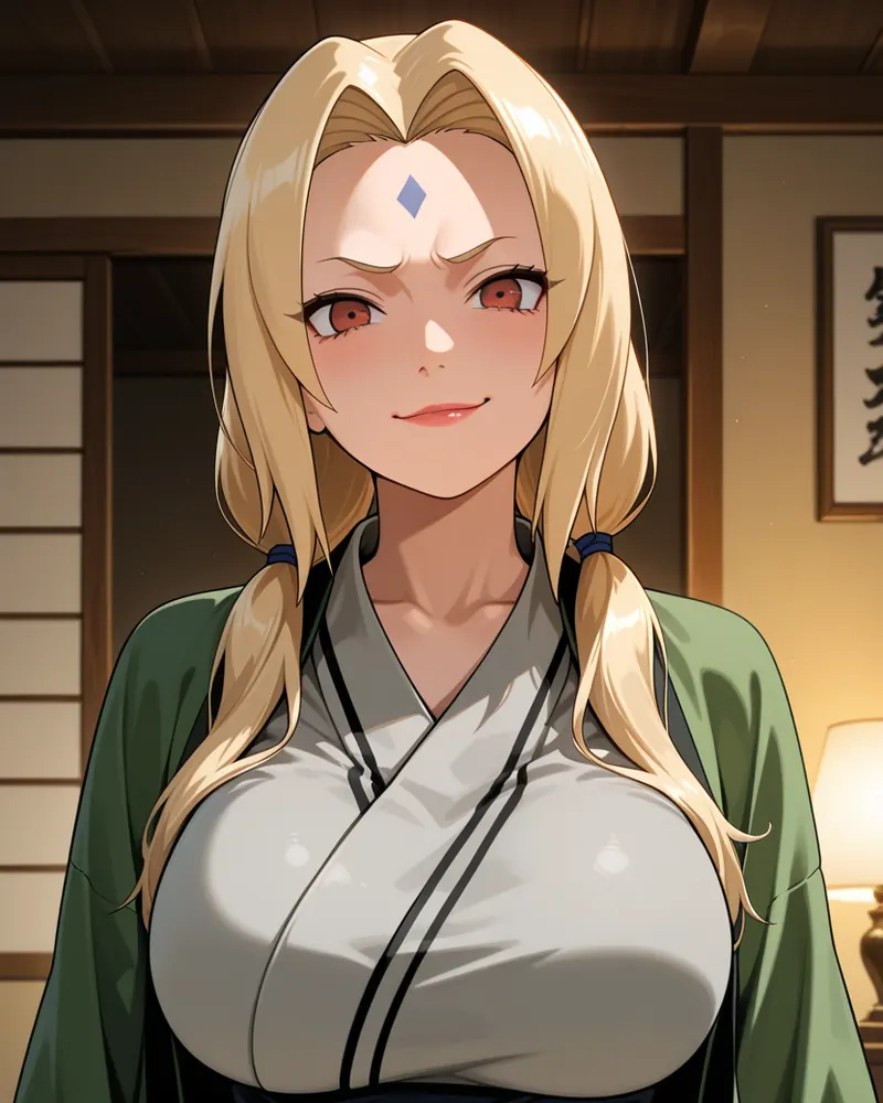 Tsunade AI art: Tsunade in her green haori over a grey robe, smiling with a raised brow in a traditional room