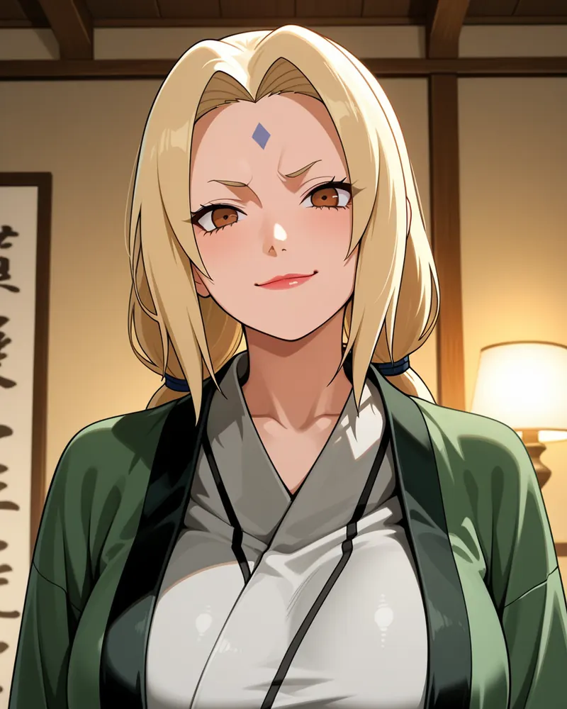 Tsunade AI art: Tsunade with her blonde pigtails and forehead diamond, smirking down at the viewer in a lamplit room