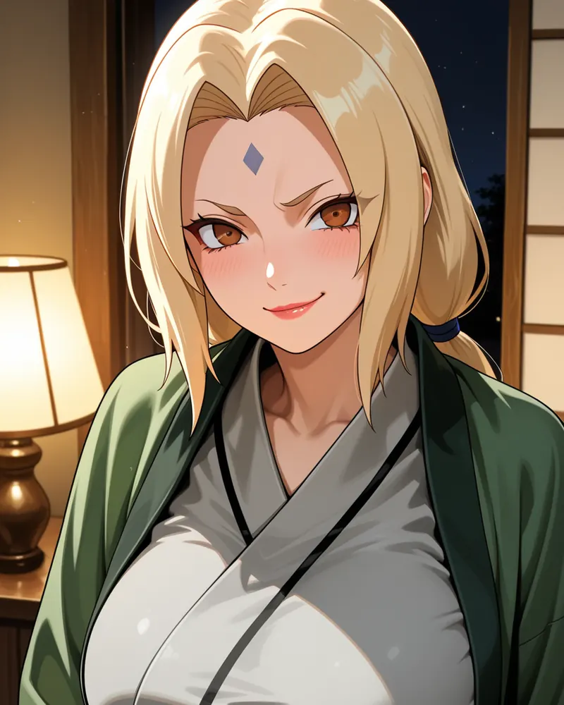 Tsunade AI art: Tsunade blushing with a sly smile beside a lamp at night, a shoji screen behind her