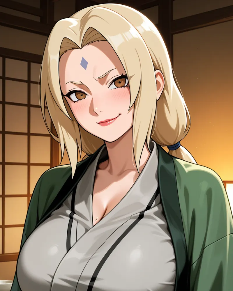 Tsunade AI art: Tsunade in her green haori smiling at the viewer in warm evening light by a shoji window