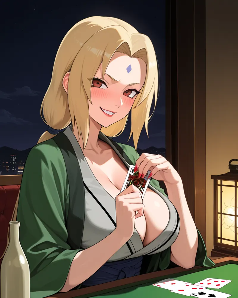 Tsunade AI art: Tsunade at a card table at night, grinning and blushing as she holds a playing card, a sake bottle beside her