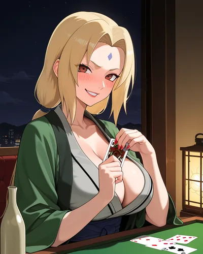 Tsunade at a card table late at night, holding her cards among empty sake bottles, blushing with a reckless grin