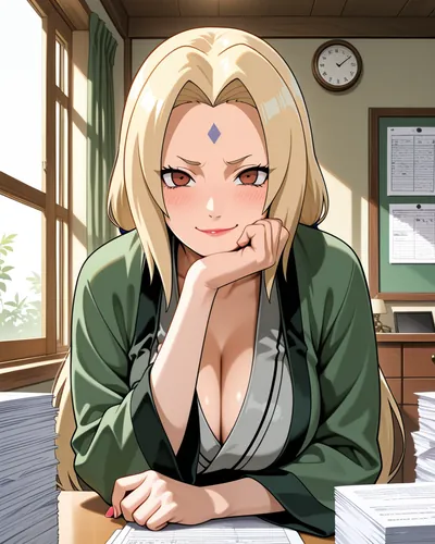 Tsunade in her green haori leaning over her desk in the Hokage’s office, stacks of paperwork around her, chin in her hand